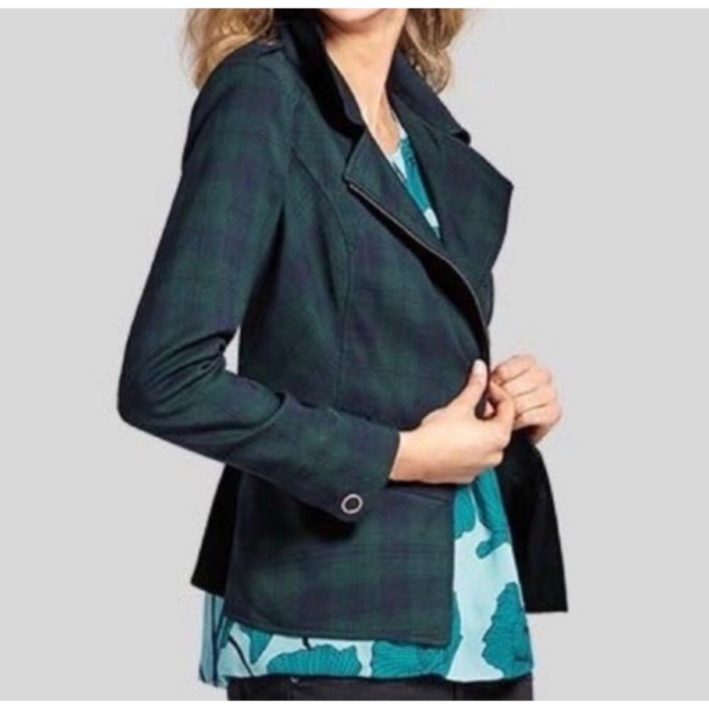 Cabi 3181 Green Navy Tartan Plaid Asymmetrical Zip Jacket Womens Size 8